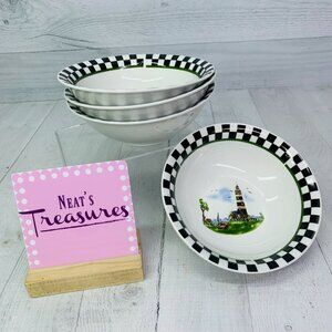 Alco LIGHTHOUSE Black White Checks Rim Stoneware Coastal Soup Cereal Bowl  Set 4